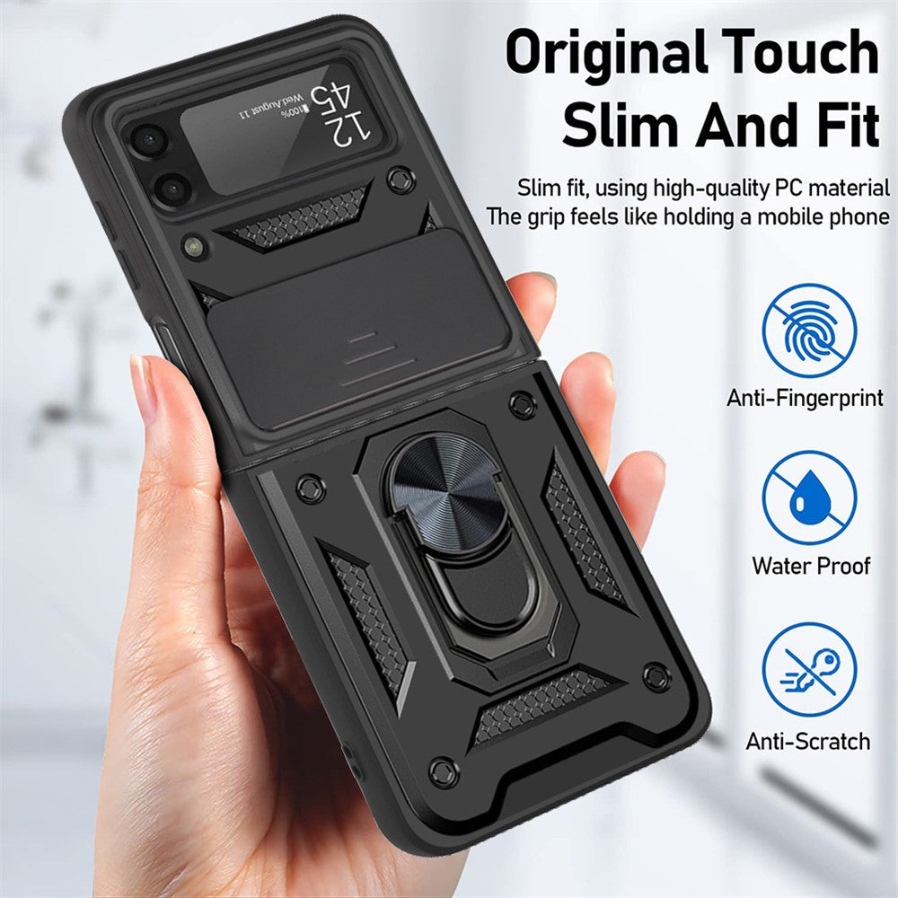 Camera Slide Cover Protective Phone Case Shell with Ring Holder Kickstand for Samsung Galaxy Z Flip3 5G