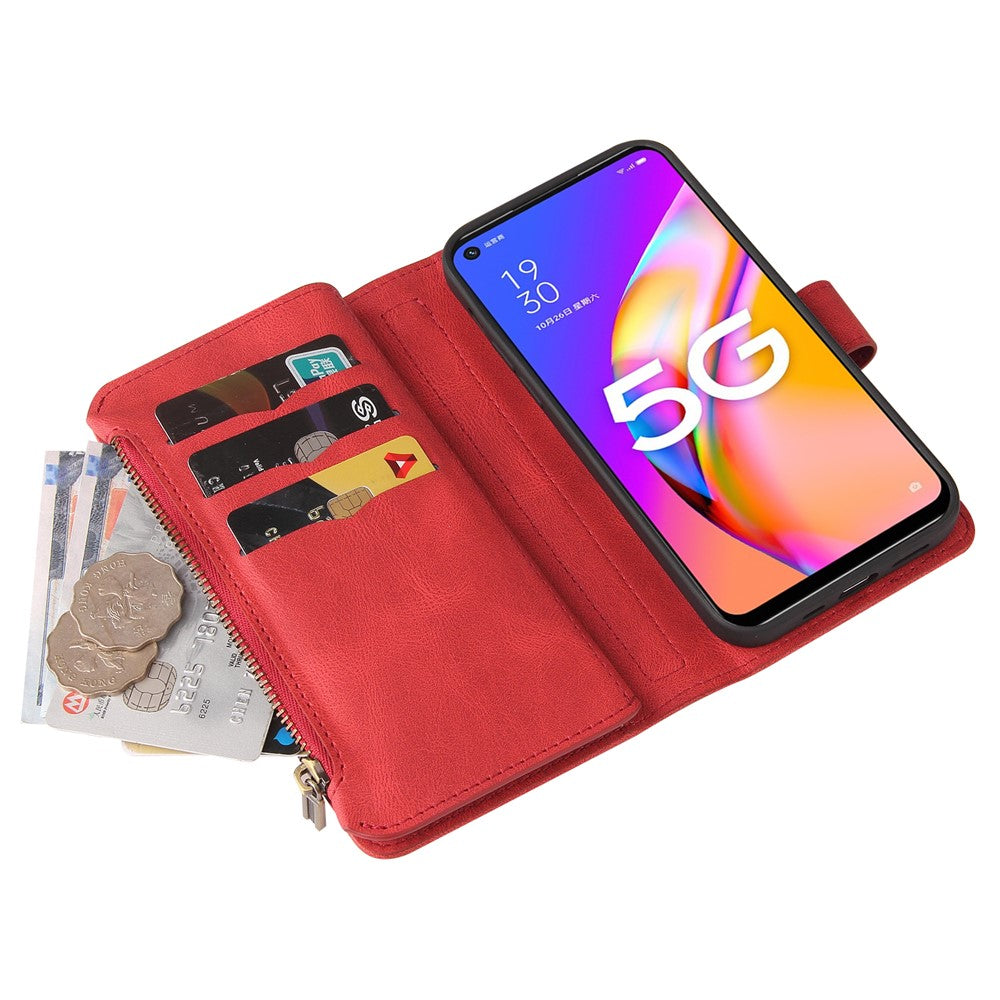 Oppo A54 5G / A74 5G / A93 5G Plånboksfodral med dragkedja, 15 kortfack och rem Läderfodral