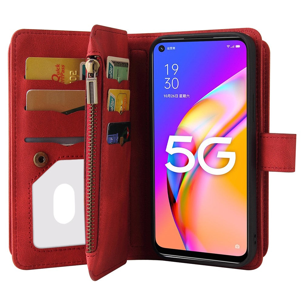 Oppo A54 5G / A74 5G / A93 5G Plånboksfodral med dragkedja, 15 kortfack och rem Läderfodral