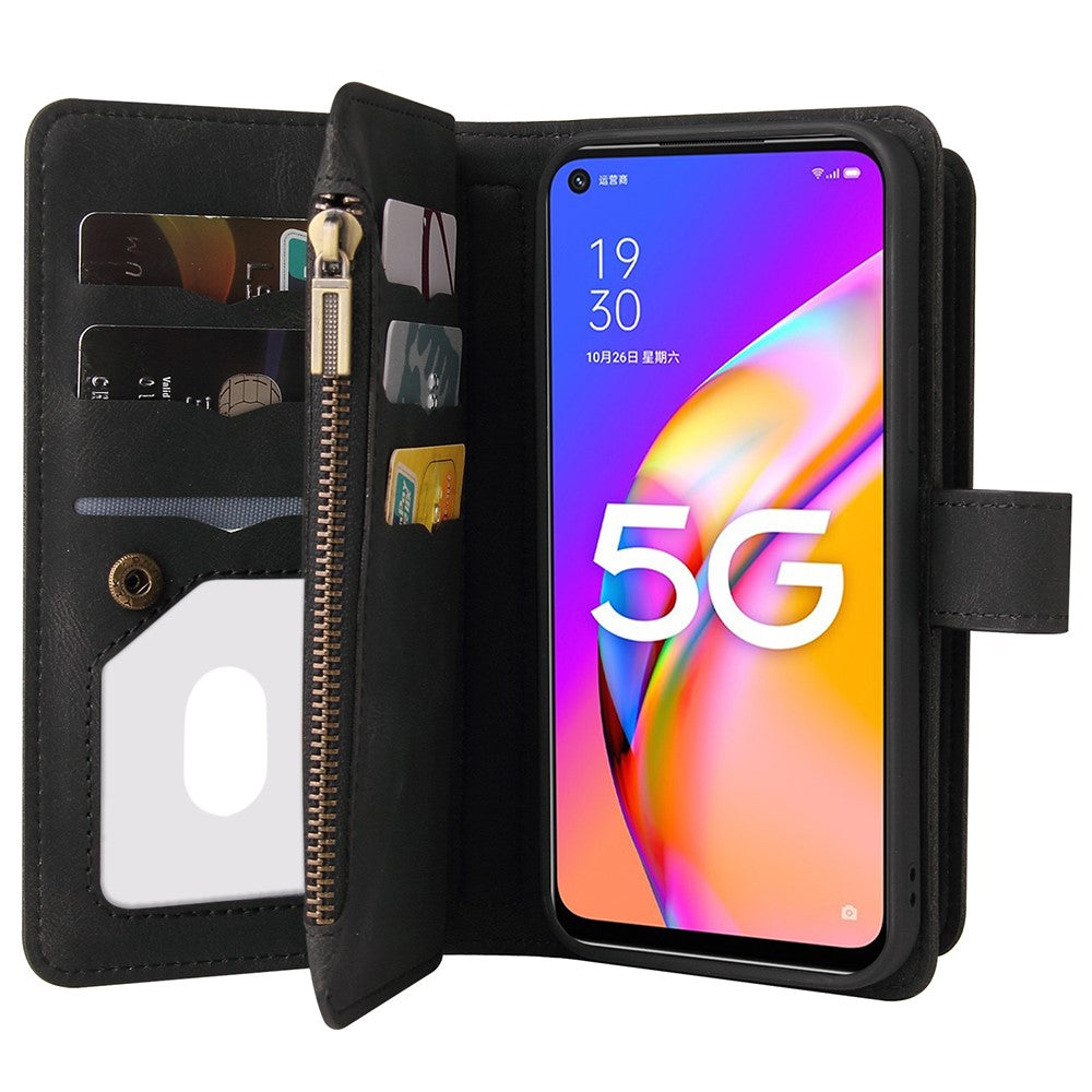 Oppo A54 5G / A74 5G / A93 5G Plånboksfodral med dragkedja, 15 kortfack och rem Läderfodral