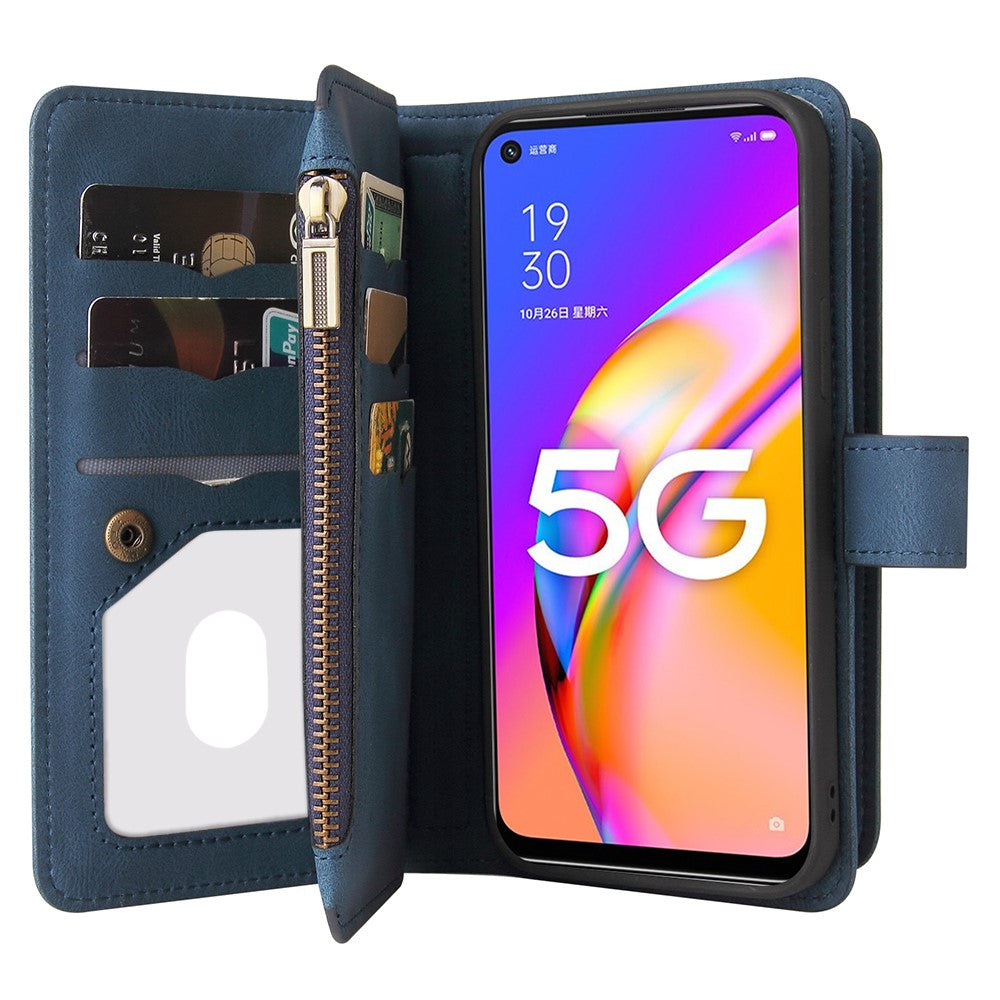 Oppo A54 5G / A74 5G / A93 5G Plånboksfodral med dragkedja, 15 kortfack och rem Läderfodral