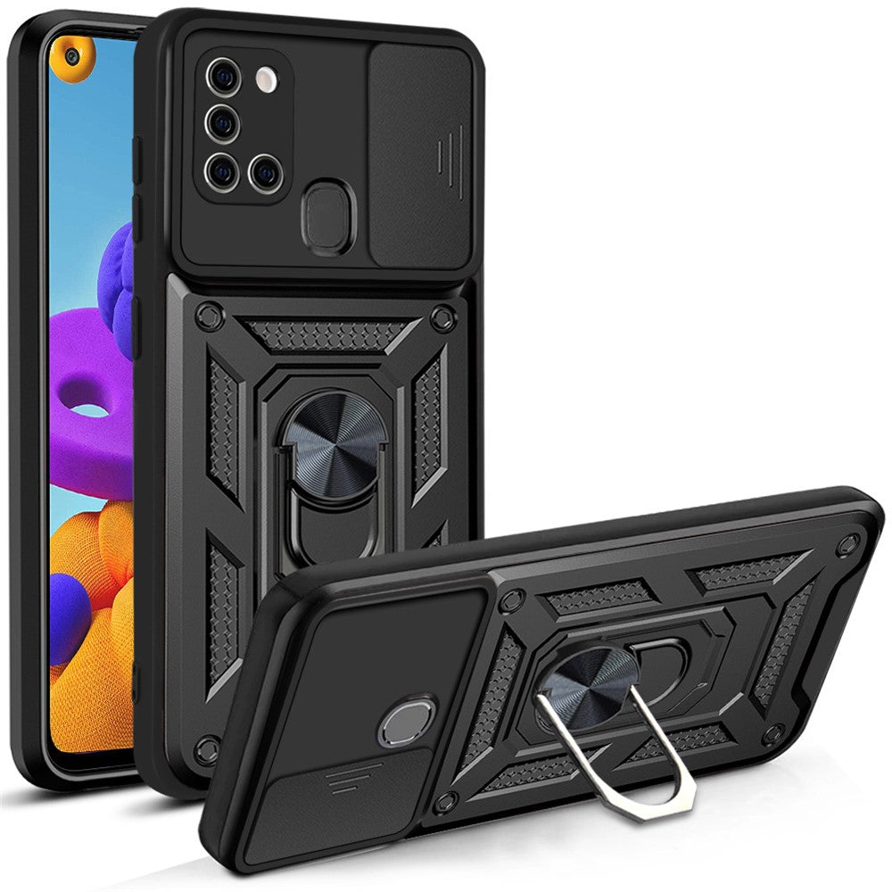 Kickstand PC + TPU Anti-fingerprint Durable Slide Camera Cover Phone Case for Samsung Galaxy A21s