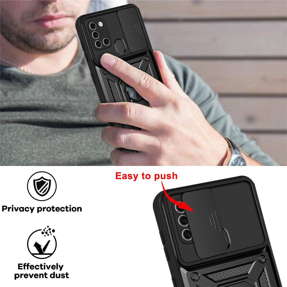 Kickstand PC + TPU Anti-fingerprint Durable Slide Camera Cover Phone Case for Samsung Galaxy A21s