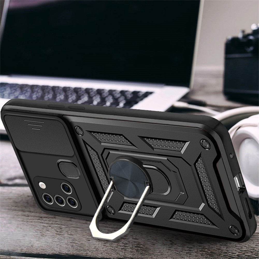 Kickstand PC + TPU Anti-fingerprint Durable Slide Camera Cover Phone Case for Samsung Galaxy A21s