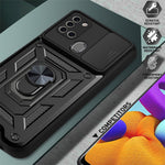 Kickstand PC + TPU Anti-fingerprint Durable Slide Camera Cover Phone Case for Samsung Galaxy A21s