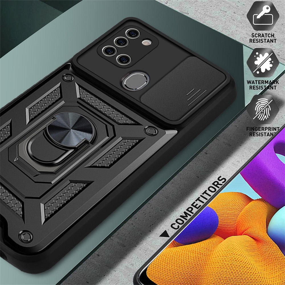 Kickstand PC + TPU Anti-fingerprint Durable Slide Camera Cover Phone Case for Samsung Galaxy A21s