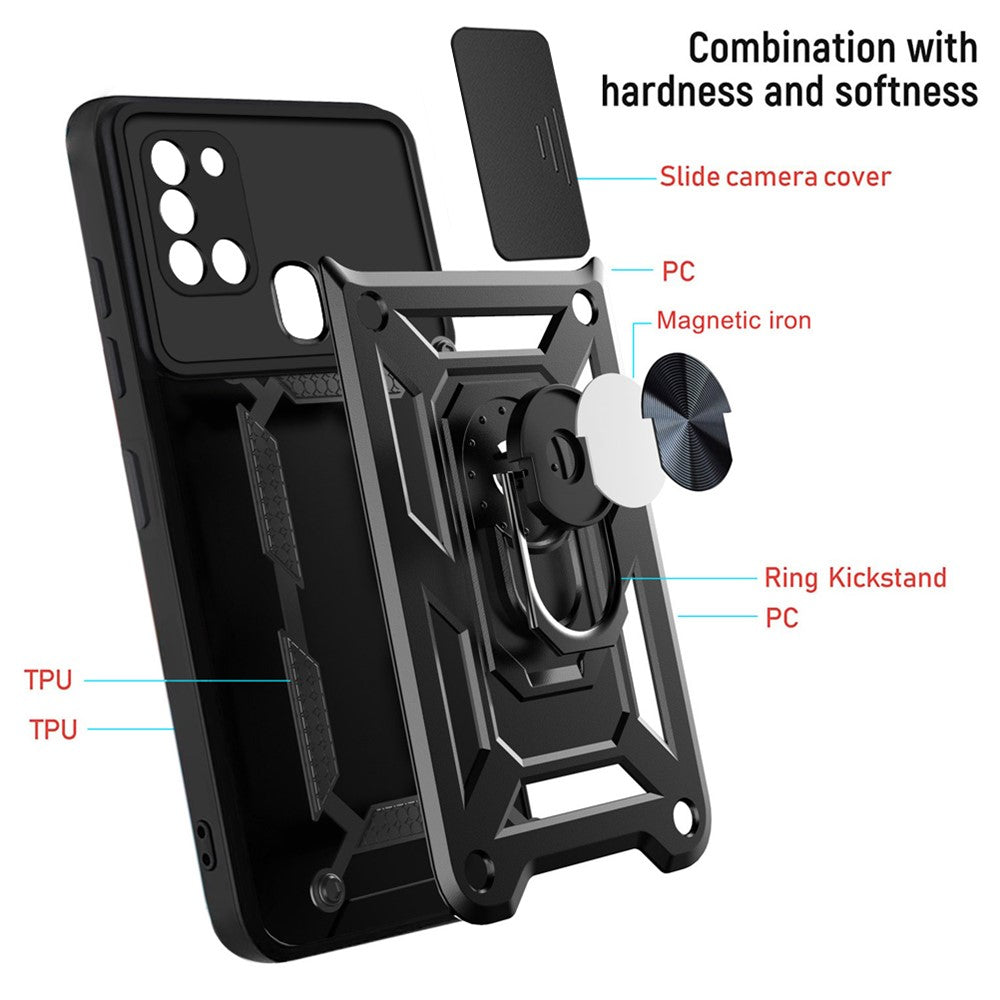 Kickstand PC + TPU Anti-fingerprint Durable Slide Camera Cover Phone Case for Samsung Galaxy A21s
