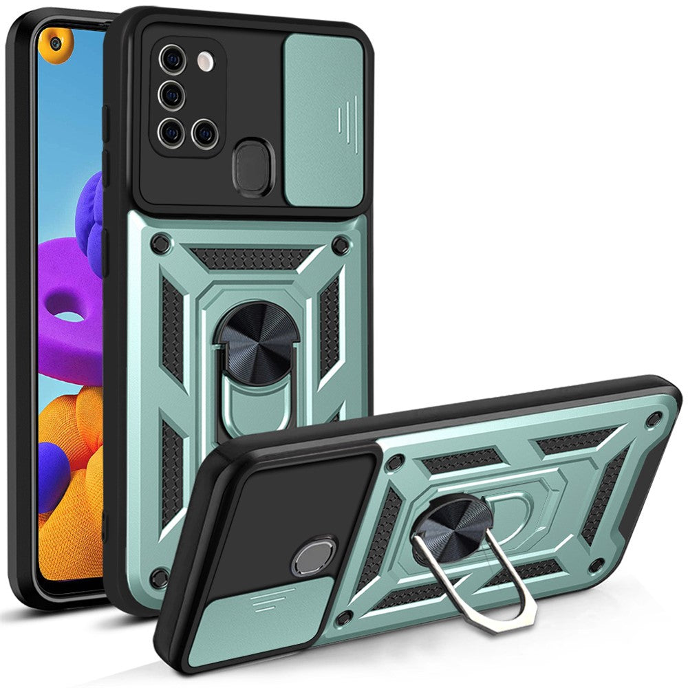 Kickstand PC + TPU Anti-fingerprint Durable Slide Camera Cover Phone Case for Samsung Galaxy A21s