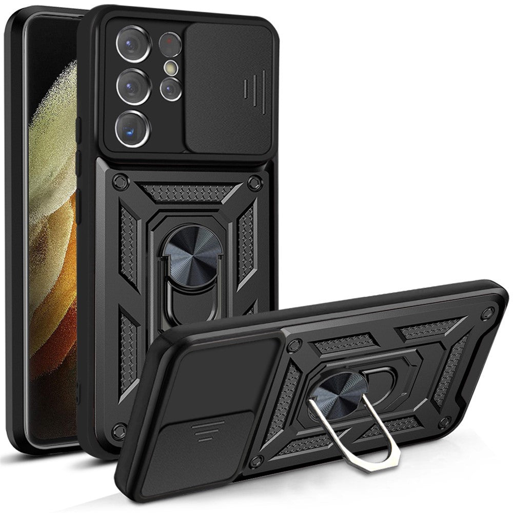 Slide Camera Cover PC + TPU Shockproof Scratch-Resistant Kickstand Phone Case for Samsung Galaxy S21 Ultra 5G