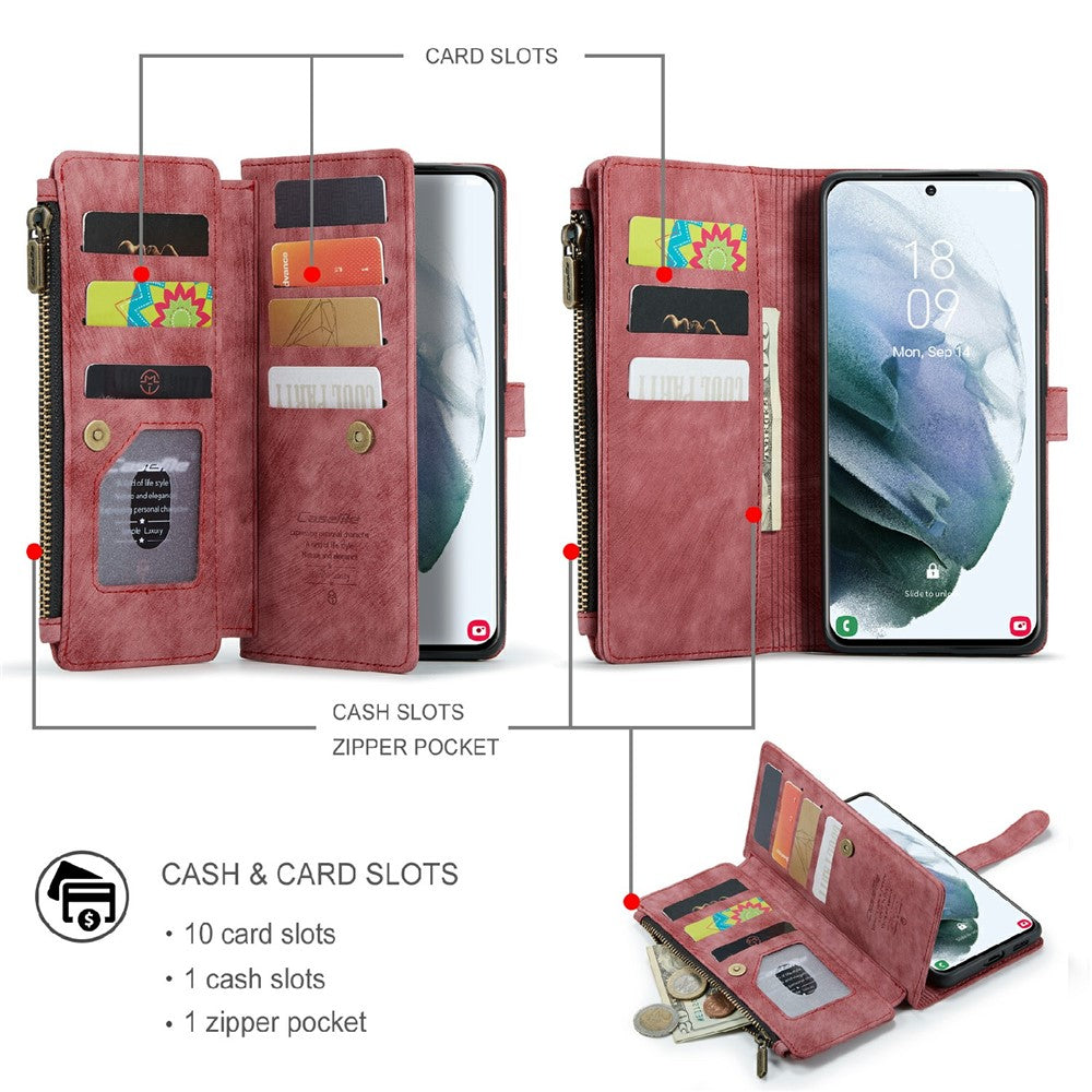 Til Samsung Galaxy S21 4G / 5G telefonetuier med rem CASEME C30 lynlås, flerfoldigt kortholder PU lædercover