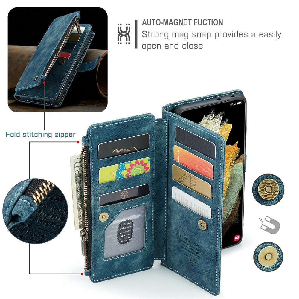 For Samsung Galaxy S21 Ultra 5G Phone Cases with Strap CASEME C30 Zipper Multiple Card Holder PU Leather Cover