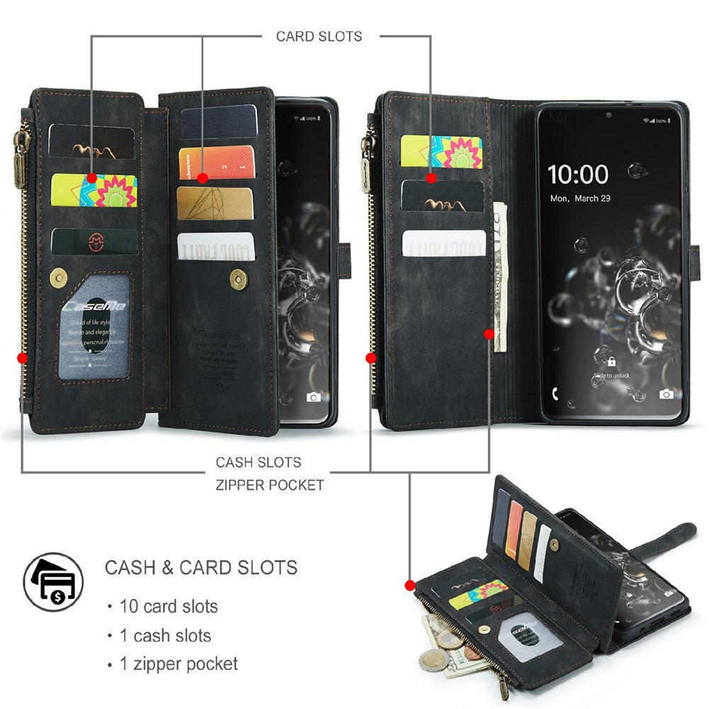 For Samsung Galaxy S20 Ultra S21 Ultra 5G Phone Cases with Strap CASEME C30 Zipper Multiple Card Holder PU Leather Cover