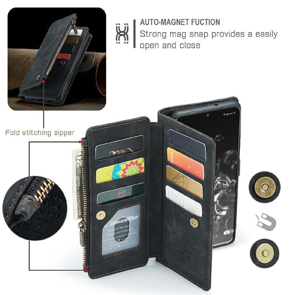 For Samsung Galaxy S20 Ultra S21 Ultra 5G Phone Cases with Strap CASEME C30 Zipper Multiple Card Holder PU Leather Cover