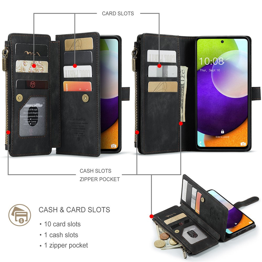 For Samsung Galaxy A52s 5G / A52 4G / 5G Phone Cases with Strap CASEME C30 Zipper Multiple Card Holder PU Leather Cover