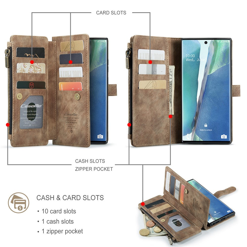 For Samsung Galaxy Note20 Ultra / Note20 Ultra 5G Phone Cases with Strap CASEME C30 Zipper Multiple Card Holder PU Leather Cover