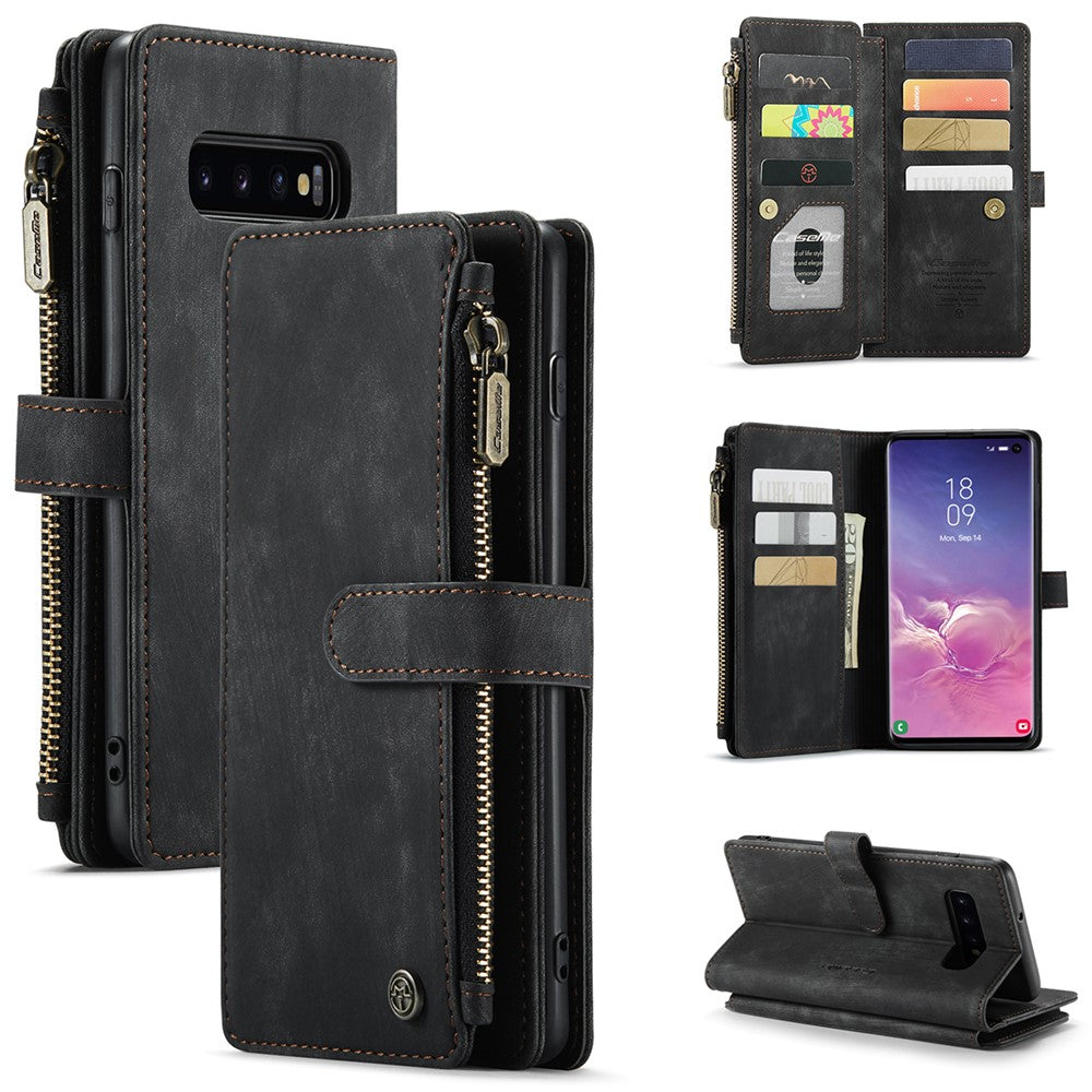 For Samsung Galaxy S10 4G Phone Cases with Strap CASEME C30 Zipper Multiple Card Holder PU Leather Cover