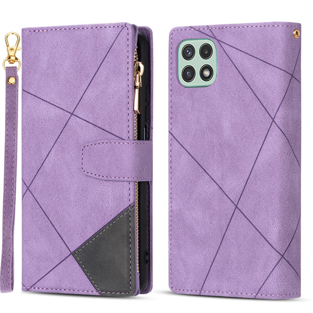 Ridsefast Telefoncover med Splejsningsdesign og Stativ af Læder, Beskyttelsescover til Samsung Galaxy A22 5G (EU Version)