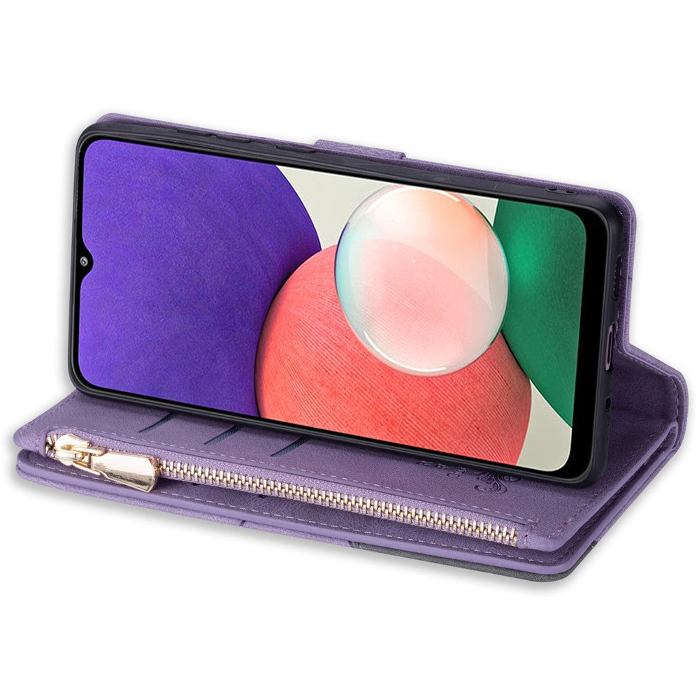 Ridsefast Telefoncover med Splejsningsdesign og Stativ af Læder, Beskyttelsescover til Samsung Galaxy A22 5G (EU Version)