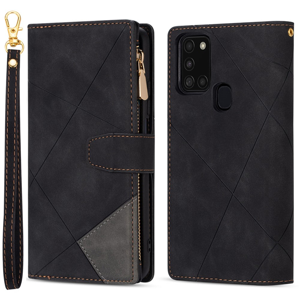 Anti-Drop Stylish Lines Splicing Wallet Design Leather Phone Cover Case with Stand for Samsung Galaxy A21s