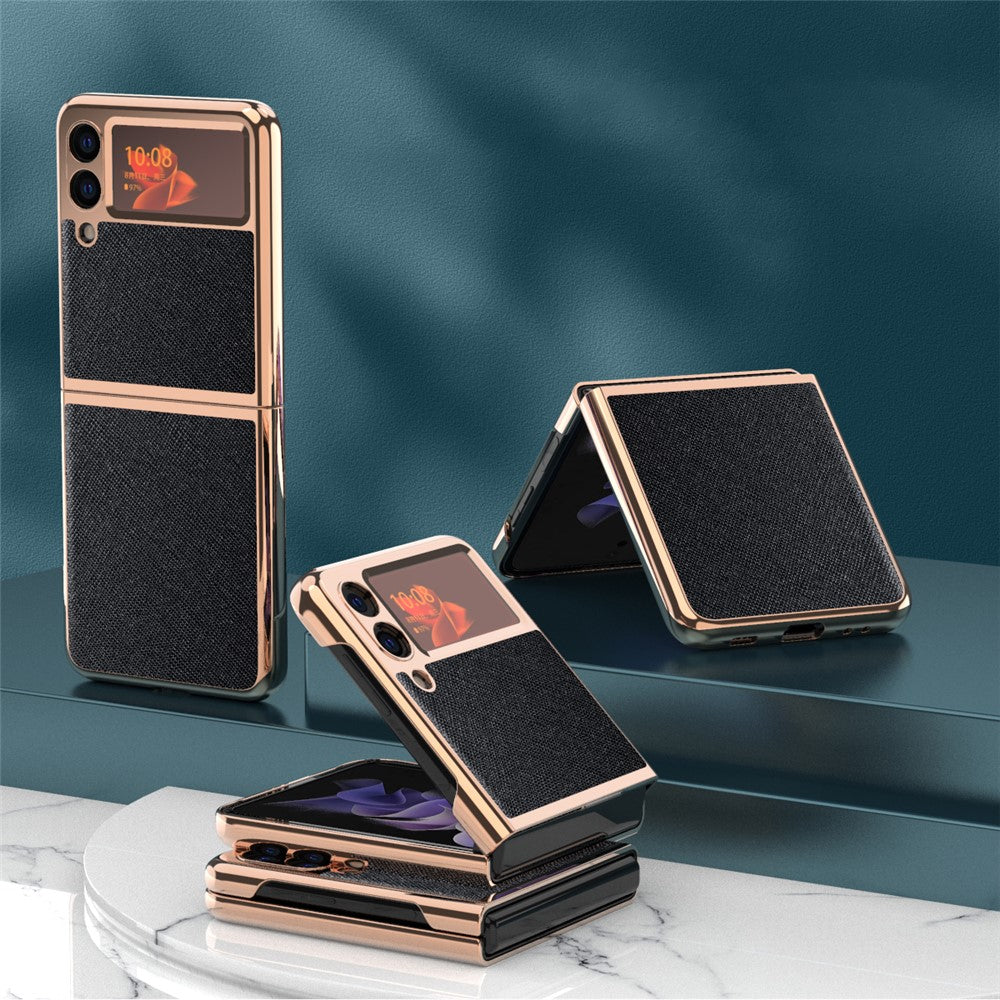 Galvaniseret PU-læder cover med krydstekstur til Samsung Galaxy Z Flip3 5G