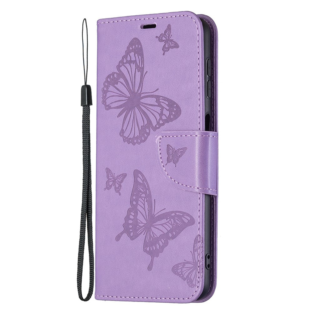 Etui med sommerfuglemønster og stander i PU-læder til Samsung Galaxy A22 4G (EU-version) med håndledsrem