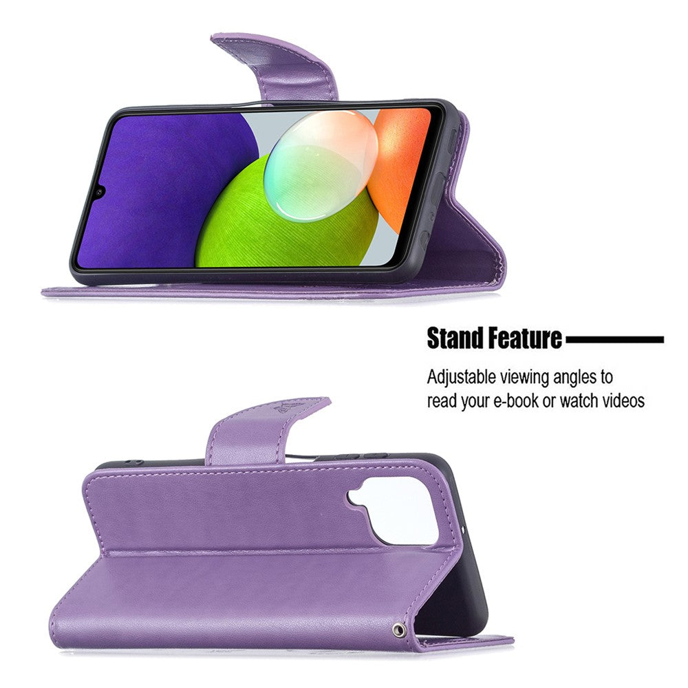 Etui med sommerfuglemønster og stander i PU-læder til Samsung Galaxy A22 4G (EU-version) med håndledsrem