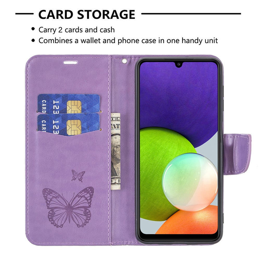 Etui med sommerfuglemønster og stander i PU-læder til Samsung Galaxy A22 4G (EU-version) med håndledsrem