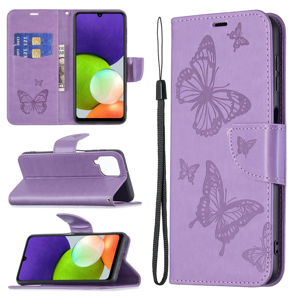 Etui med sommerfuglemønster og stander i PU-læder til Samsung Galaxy A22 4G (EU-version) med håndledsrem
