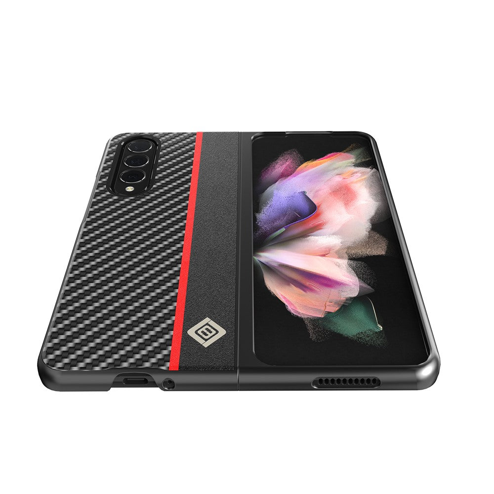 LC.IMEEKE Carbon Fiber Texture Splicing PU Leather Coated Folding Phone Case Shell for Samsung Galaxy Z Fold3 5G