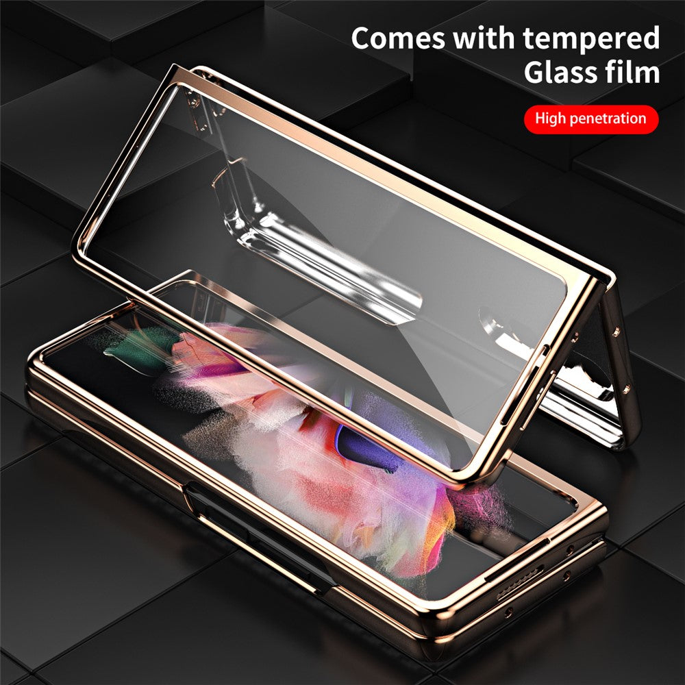 Vacuum Plating Frame Carbon Fiber Texture PU Leather Coated PC Case with Screen Film for Samsung Galaxy Z Fold3 5G