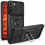 Heavy Duty PC + TPU Protective Phone Case with Slide Camera Protector and Ring Kickstand for Samsung Galaxy S22 5G