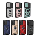 Heavy Duty PC + TPU Protective Phone Case with Slide Camera Protector and Ring Kickstand for Samsung Galaxy S22 5G