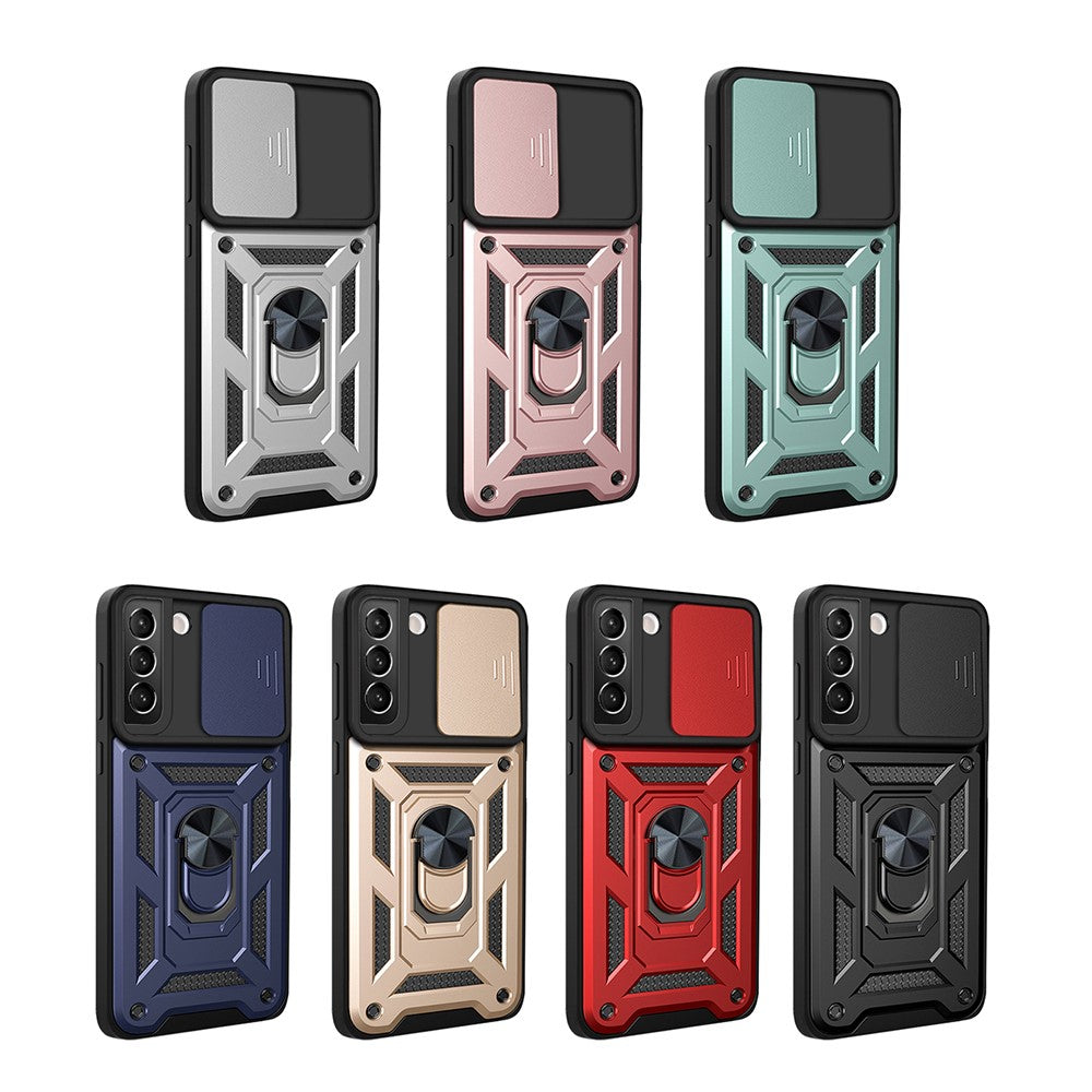 Heavy Duty PC + TPU Protective Phone Case with Slide Camera Protector and Ring Kickstand for Samsung Galaxy S22 5G