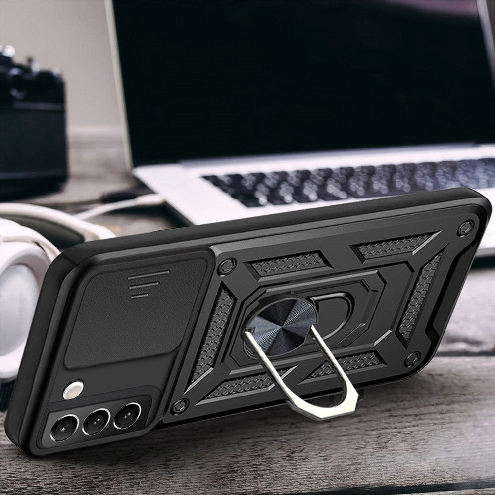 Heavy Duty PC + TPU Protective Phone Case with Slide Camera Protector and Ring Kickstand for Samsung Galaxy S22 5G