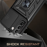 Heavy Duty PC + TPU Protective Phone Case with Slide Camera Protector and Ring Kickstand for Samsung Galaxy S22 5G