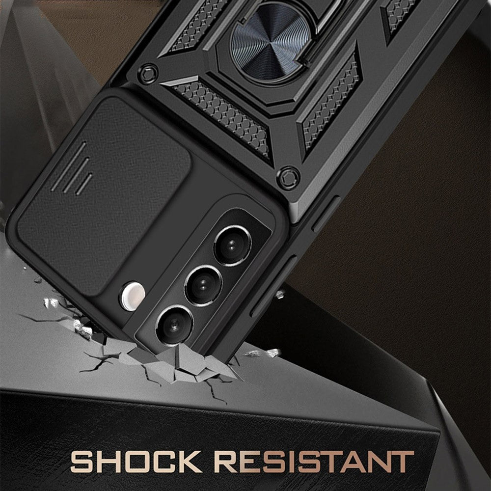 Heavy Duty PC + TPU Protective Phone Case with Slide Camera Protector and Ring Kickstand for Samsung Galaxy S22 5G