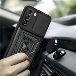 Heavy Duty PC + TPU Protective Phone Case with Slide Camera Protector and Ring Kickstand for Samsung Galaxy S22 5G