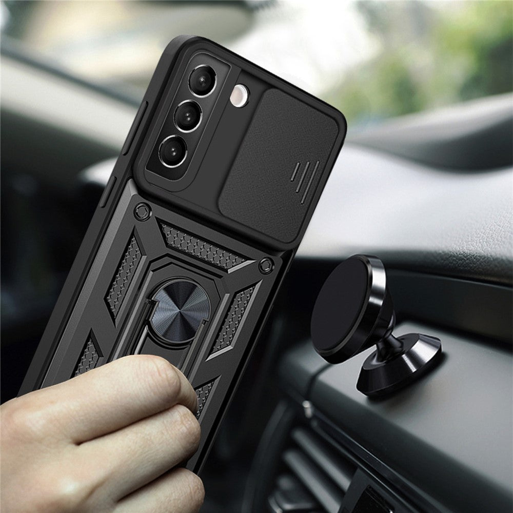 Heavy Duty PC + TPU Protective Phone Case with Slide Camera Protector and Ring Kickstand for Samsung Galaxy S22 5G