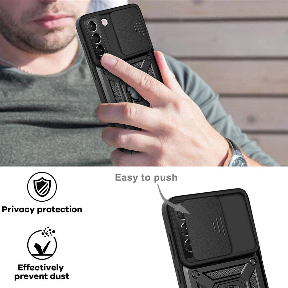 Heavy Duty PC + TPU Protective Phone Case with Slide Camera Protector and Ring Kickstand for Samsung Galaxy S22 5G