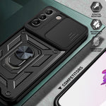 Heavy Duty PC + TPU Protective Phone Case with Slide Camera Protector and Ring Kickstand for Samsung Galaxy S22 5G