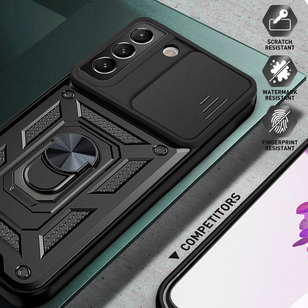 Heavy Duty PC + TPU Protective Phone Case with Slide Camera Protector and Ring Kickstand for Samsung Galaxy S22 5G