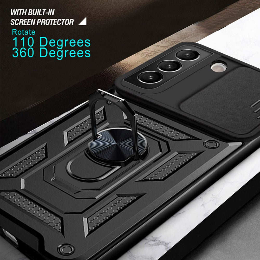 Heavy Duty PC + TPU Protective Phone Case with Slide Camera Protector and Ring Kickstand for Samsung Galaxy S22 5G