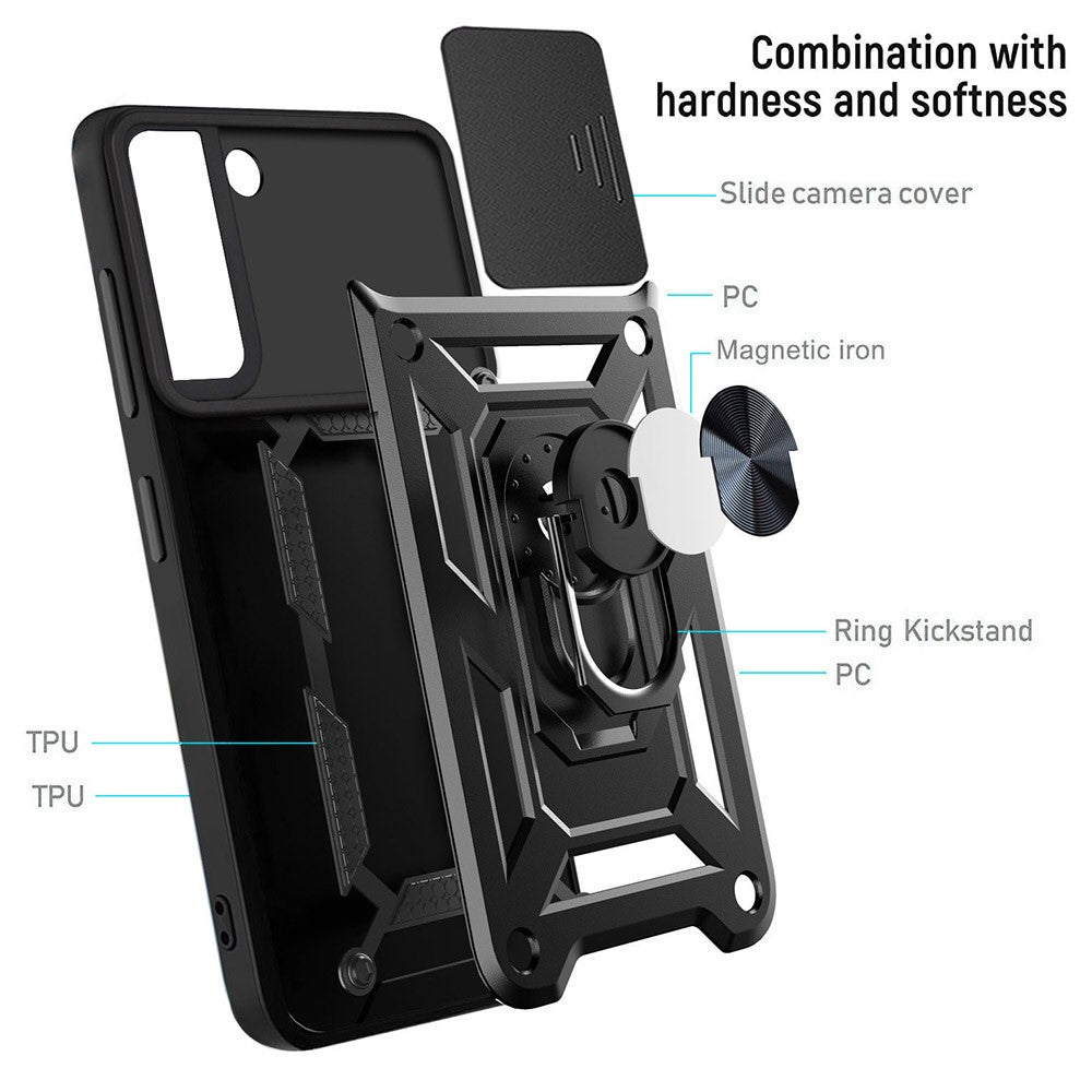 Heavy Duty PC + TPU Protective Phone Case with Slide Camera Protector and Ring Kickstand for Samsung Galaxy S22 5G
