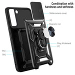 Heavy Duty PC + TPU Protective Phone Case with Slide Camera Protector and Ring Kickstand for Samsung Galaxy S22 5G