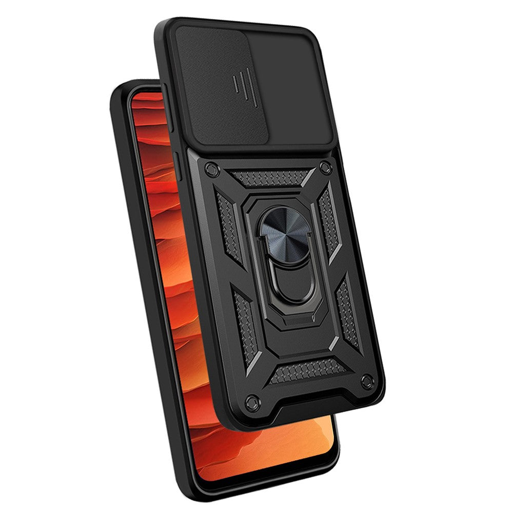 Heavy Duty PC + TPU Protective Phone Case with Slide Camera Protector and Ring Kickstand for Samsung Galaxy S22 5G