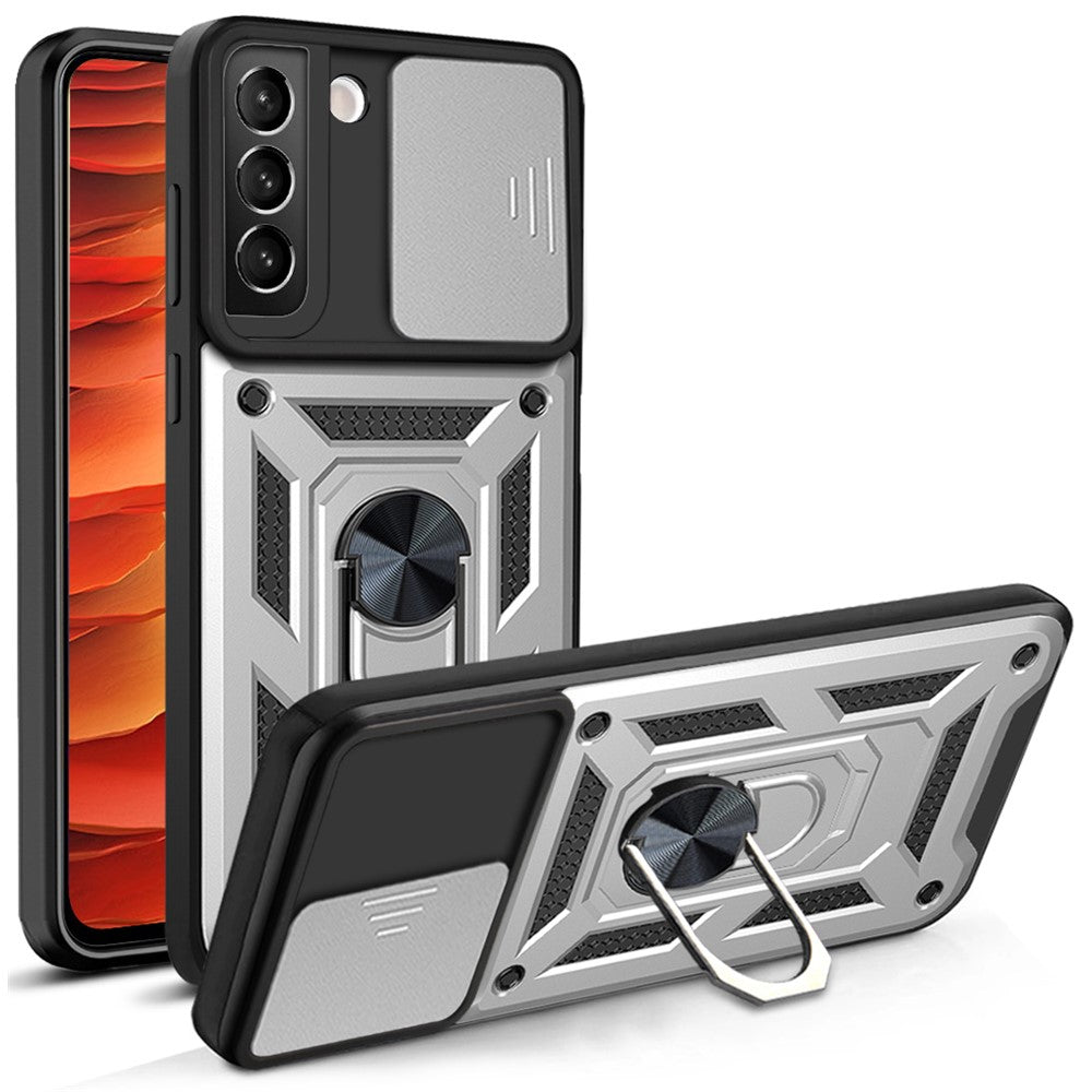 Heavy Duty PC + TPU Protective Phone Case with Slide Camera Protector and Ring Kickstand for Samsung Galaxy S22 5G