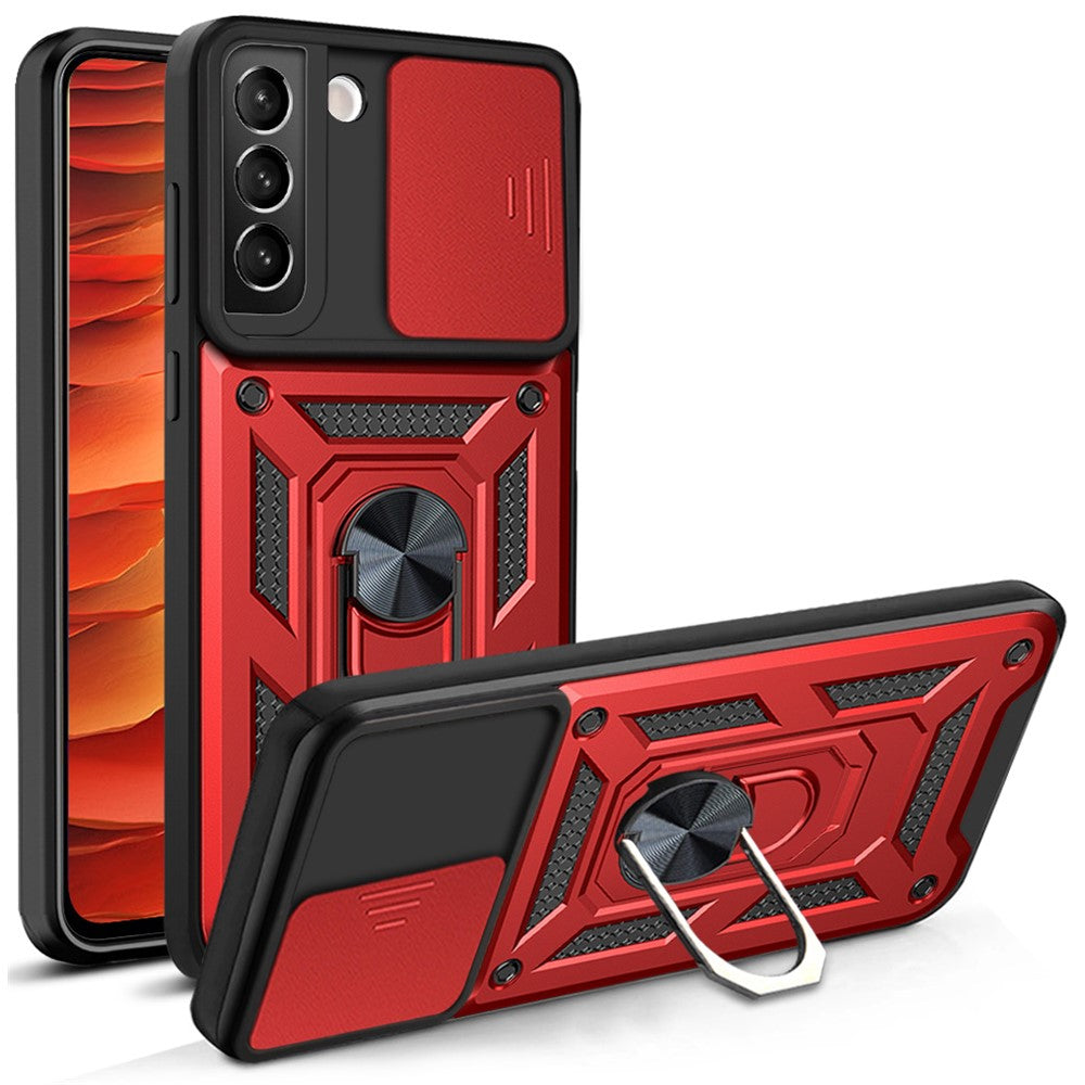 Heavy Duty PC + TPU Protective Phone Case with Slide Camera Protector and Ring Kickstand for Samsung Galaxy S22 5G
