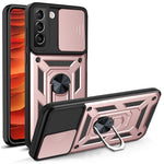 Heavy Duty PC + TPU Protective Phone Case with Slide Camera Protector and Ring Kickstand for Samsung Galaxy S22 5G