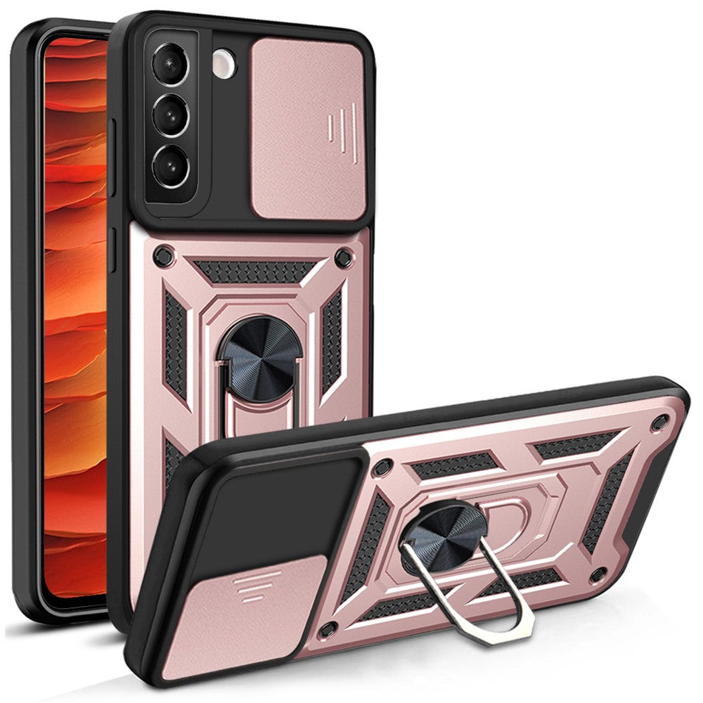 Heavy Duty PC + TPU Protective Phone Case with Slide Camera Protector and Ring Kickstand for Samsung Galaxy S22 5G