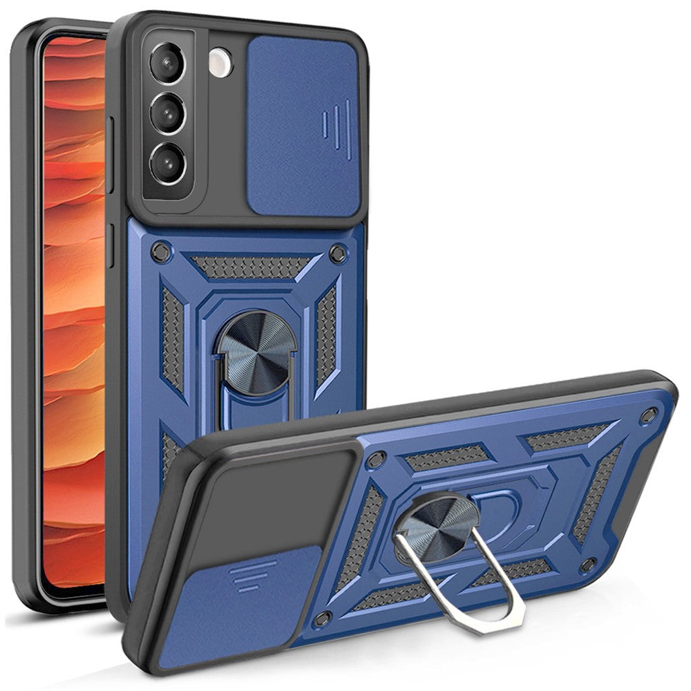 Heavy Duty PC + TPU Protective Phone Case with Slide Camera Protector and Ring Kickstand for Samsung Galaxy S22 5G